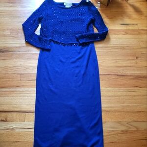 Maggy London Navy Embellished Beaded Overlay  Longsleeve Pencil Wool Blend Sz 14